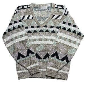 Method Vintage Geometric‎ Pattern V-Neck Knit Sweater Size L Gray Beige